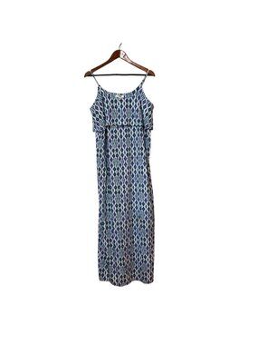 Motherhood Maternity Maxi Dress Blue Aztec Print Ruffle Top Spaghetti Straps‎ L